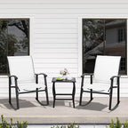 Shintenchi 3 Piece Rocking Bistro Set, Outdoor Furniture with Rocker Chairs and Glass coffee table set of 3, Balcony, Porch Furniture for Small Space, White