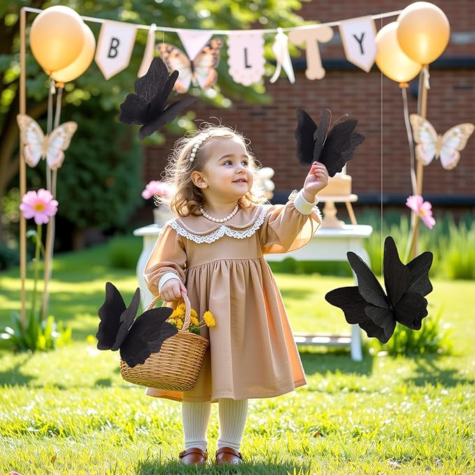 Party Butterfly Decorations, Black 3D Butterfly Birthday Decoration, 4 Pcs Crepe Paper Hanging Decor for Room, School, Black Theme, Flower Party for Garden, Dining Table Decor