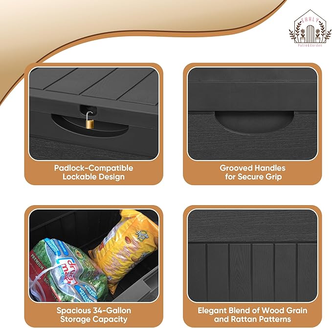 31 Gallon Deck Box, Small Outdoor Storage Box Waterproof, Lockable Secure Package Bin Delivery Box for Outside Front Porch, Patio Cushions Storage Box, Delivery Driver Snack Box for Porch, Black