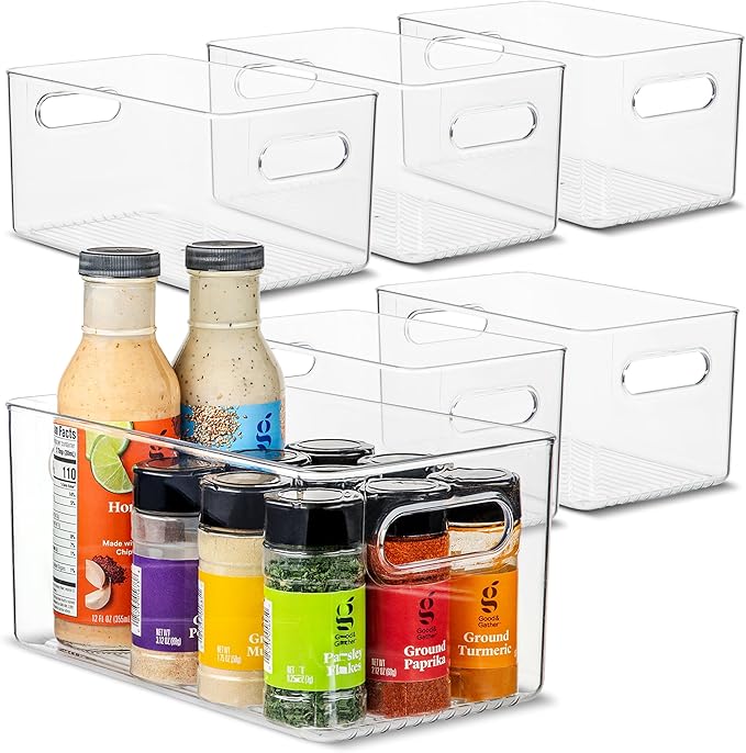 Plastic Food Storage 6 Pack Clear Container Bin with Handles for Organizing Kitchen, Pantry, Fridge, Freezer, Pantry,Bathroom. 10"x6"x5"