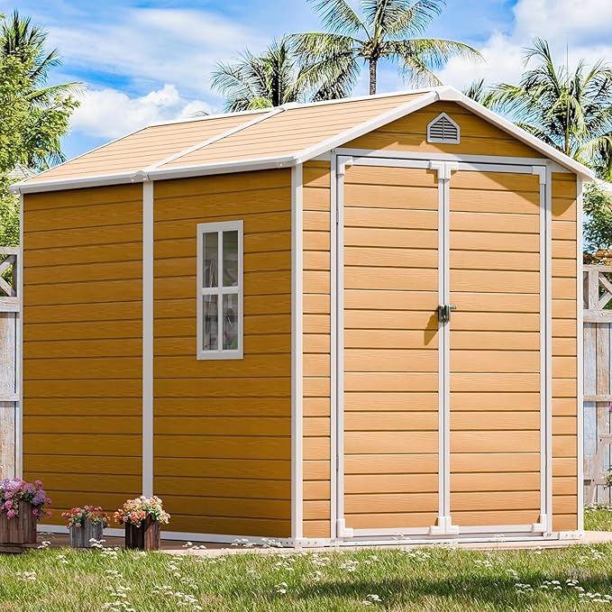 Resin Storage Shed with Floor 8 x 6 FT Waterproof Plastic Outdoor Garden Sheds Kit with Lockable Door & Windows,Patio Tool Shed for Backyard Lawn, Wood Color