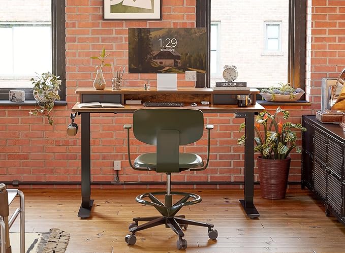 FEZIBO 55 x 24 Inch Height Adjustable Electric Standing Desk with Double Drawer, Stand Up Desk with Storage Shelf, Sit Stand Desk, Rustic Brown