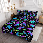 Axolotl Cartoon Dinosaur Bedding Set,Queen Size Kids Bed Set,Gradient Dinosaur Comforter Set,1 Quilt with 2 Pillowcases for Boys Girls Kids Teens Children Adults Room Decor All Season,Black