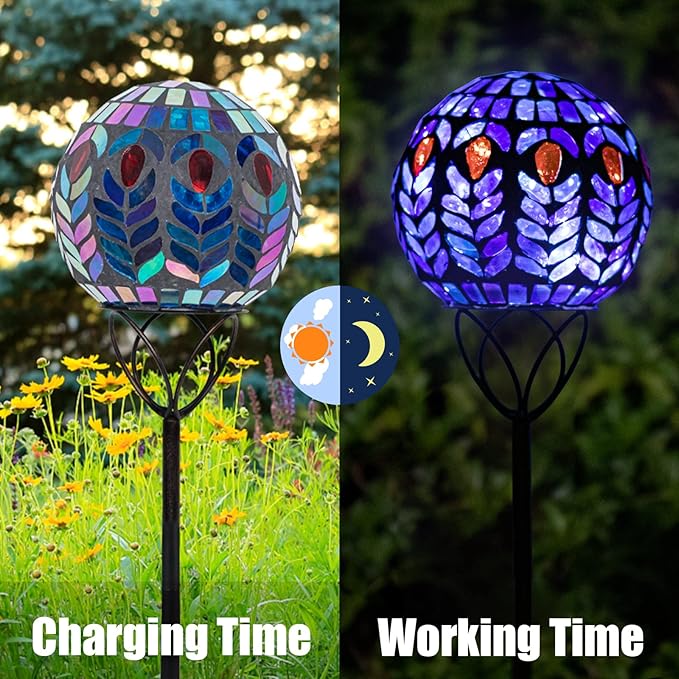VCUTEKA Solar Lights Outdoor Garden Decor Mosaic Solar Garden Lights Waterproof Glass Ball LED Pathway Stake Light for Landscape Lawn Patio Yard Decoration 6 inch