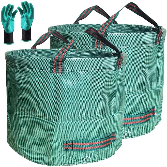 Standard 2-Pack 32 Gallon Yard Garden Bags (D18, H30 inch) with Gardening Gloves for Yard Waste,Debris Bags,Recycling Bin,Camping Trash Container,Laundry Bag,Lawn Grass Clippings,Leaf Bag w/ 4 Handles