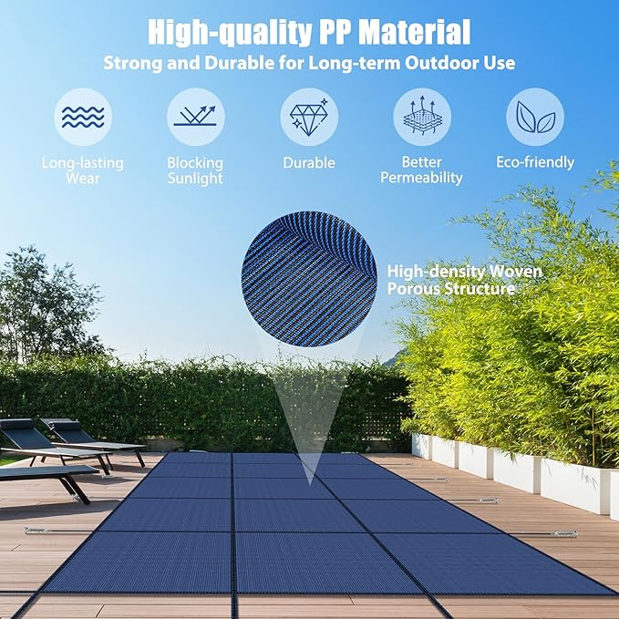 Inground Pool Cover Safety Fits Rectangle Swimming Pool, Mesh Solid Pool Cover for Inground Pools,Winter Pool Safety Cover Includes Safety Net and Installation Tools Blue (Blue, Fits 14x28ft Pools)