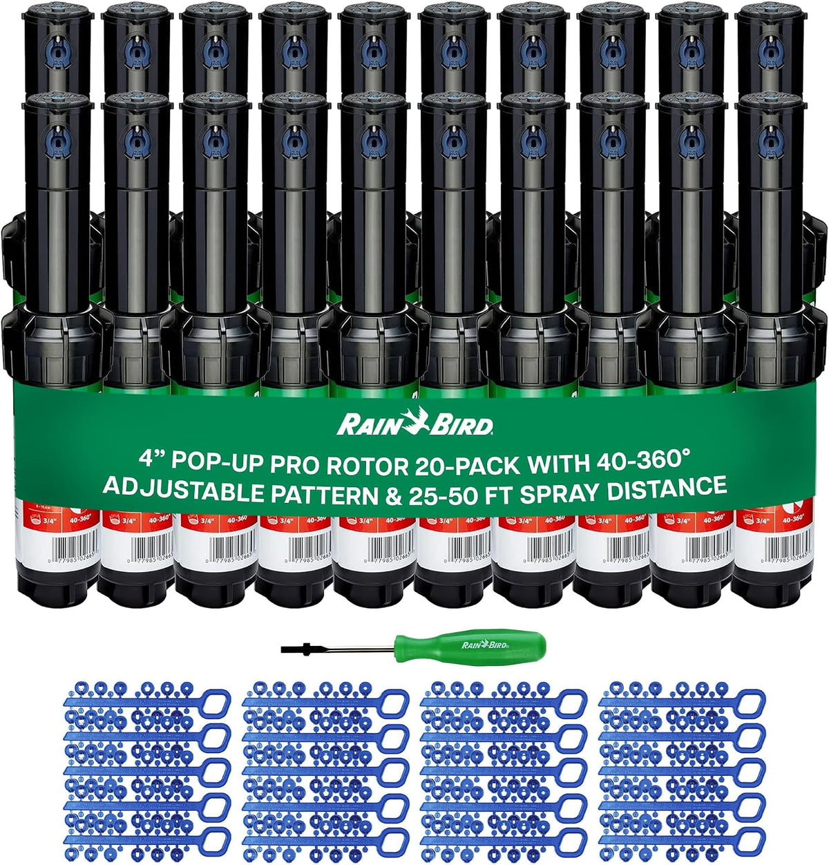 Rain Bird 5000 Rotor with Nozzle Tree 20 Pack + Rotor Screwdriver Tool | 5000RCTREE) + (CPRTOOL) 3/4 inch Inlet for Water Efficient 4 inch Pop Up, Adjustable 40 - 360 Degree Arc & 25 - 50 ft Radius
