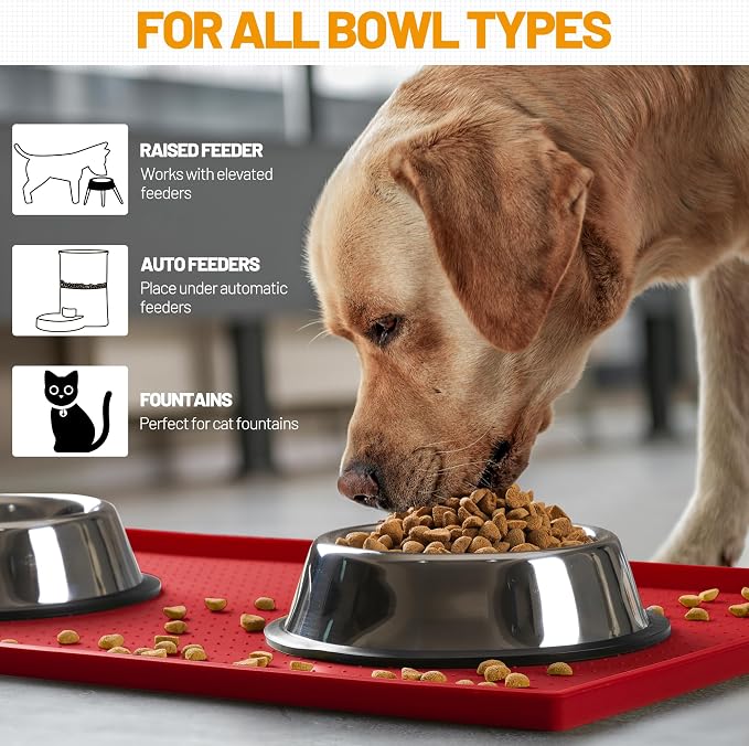 Hubulk Dog Feeding Mat,100% Waterproof Food Grade Silicone Pet Food and Water Bowl Placemat,Dishwasher, High Raised Edge to Prevent Spills,Nonslip Tray to Stop Messes on Floor（28"x18"x0.8", Red）