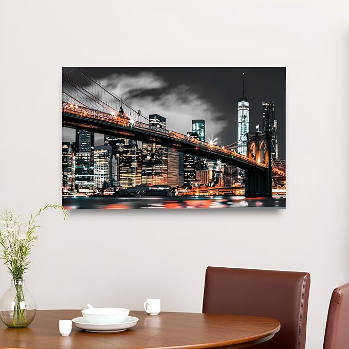 RyounoArt New York City Pictures Wall Art NYC Skyline Canvas Paintings Brooklyn Night Cityscape Prints Wall Decor Framed 20x36 Inch