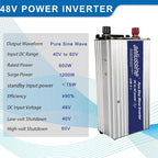 600W Pure Sine Wave Inverter-48V DC to 110V 120V AC Power Converter with 2 AC Outlets, 48 Volt Power Inverter for Truck, Rv, Camping, Home, Emergency Power