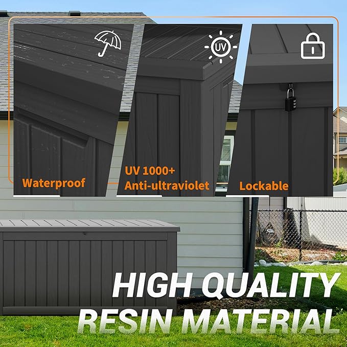 NUNU LAB 230 Gallon Large Resin Deck Box, Waterproof Outdoor Storage Box, Lockable Storage Bin for Patio Furniture, Garden Tools, Pool Accessories, UV-Resistant & All-Weather, Black