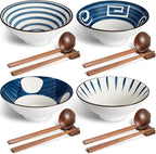 Geiserailie 40oz Ceramic Japanese Ramen Bowls Set of 4, 8 Inch Deep Asian Pho Udon Soup Noodle Bowls with Chopsticks, Spoons & Chopstick Rest -Microwave & Dishwasher Safe(Retro Style)