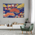 HZOHNAGO Japanese Tapestry Art Abstract Colorful Cherry Blossom Blue Background Pattern Printed Wall Tapestry Painting Wall Hanging for Bedroom Living Room Dorm 90" W x 60" H