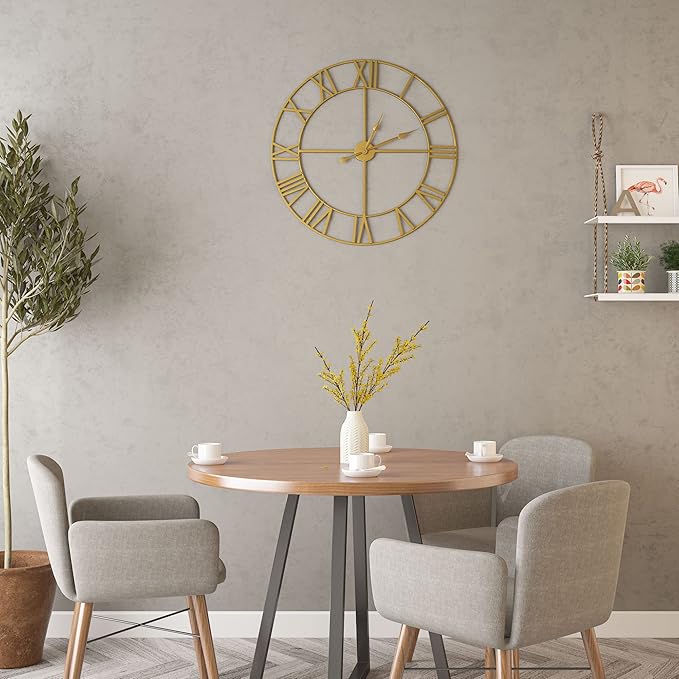 LEIKE Large Modern Wall Clocks,18" Gold Metal,Rustic,Round,Silent Non Ticking,Battery Operated Roman Numerals Clock for Living Room/Bedroom/Kitchen Wall Decor-(Gold, 47cm)