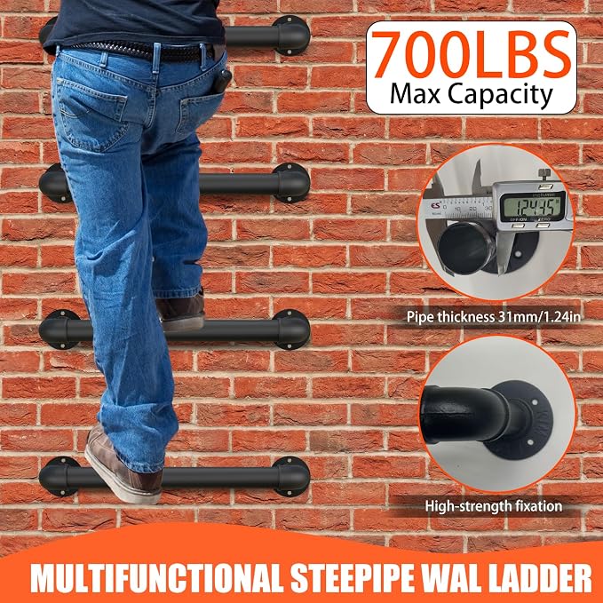 Wall Mounted Ladder, 1 Rung Industrial Steel Rung - 8 Pack for Warehouse & Basement Safety | 700LB Capacity, Black Anti-Rust Metal, Universal Mounting Kit for Wood & Masonry Walls