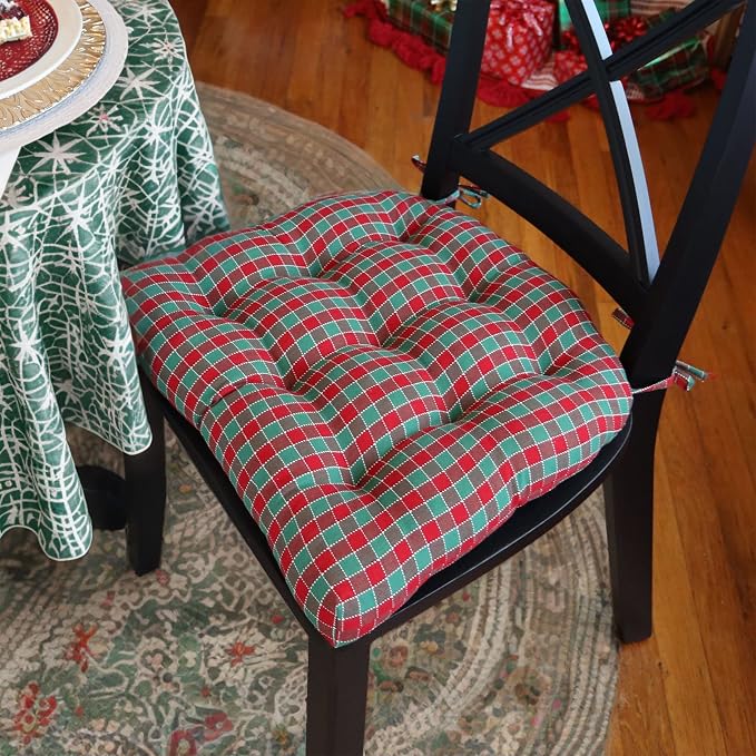 Barnett Home Decor Dining Chair Pad with Ties - Twin Check Red & Green - Size Small 15 x 17 - Latex Foam Fill Dining Chair Cushion - Machine Washable, Reversible, Checkered Christmas Colors