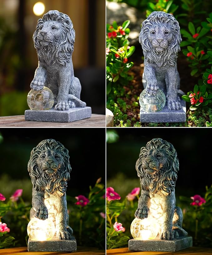 Nacome Guardian Lion Garden Statue: Outdoor Decor Sculpture with Ball Lights for Yard Art Porch Patio - Unique Birthday Gifts for Women Mom