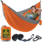Durable Hammock 500 lb Capacity, Nylon Camping Hammock Chair - Double or Single Sizes w/Tree Straps and Attached Carry Bag - for Travel/Backpacking/Beach/Backyard (Large, Orange & Light Grey)