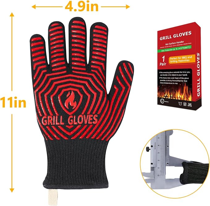 QUWIN BBQ Gloves, BBQ Accessories 1472℉ Extreme Heat Resistant, Grilling Gloves Silicone Non-Slip Oven Mitts, Kitchen Gloves for BBQ, Grilling, Cooking, Baking-1 Pair 11inch, Red