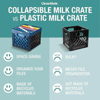 CleverMade Collapsible Milk Crate, 25L Storage Crate, Holds 50 lb, Obsidian | Organize Files, Groceries, and Gear in One Crate | Built-In Rails Hold Letter Folders, While the Frame Stacks Securely