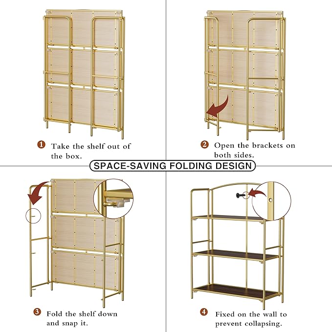 No Assembly Folding Bookshelf, 3 Tier Gold Bookshelf, Metal Book Shelf for Storage, Folding Bookcase for Office Organization and Storage, 12.87" D x 30.9" W x 42.33" H