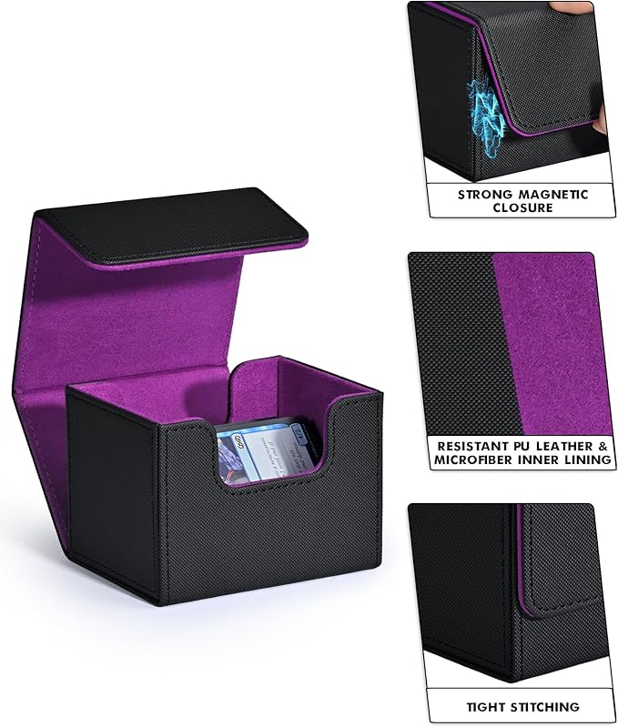 ZLCA Card Deck Box for Trading Cards, MTG Commander Deck Box Holds 120+ Single Sleeved, Leather Magnetic Card Storage Case Fits for TCG CCG Magic (Black& Purple)