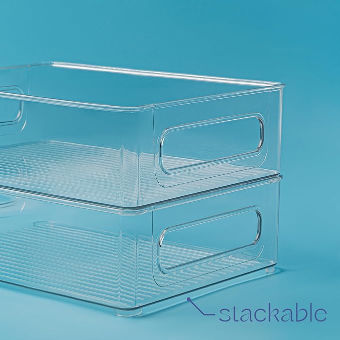 Plastic Food Storage 4 Pack Clear Container Bin with Handles for Organizing Kitchen, Pantry, Refrigerator, Freezer, Pantry, Cabinet, Closet, Bathroom. Stackable 10”x8”x3”