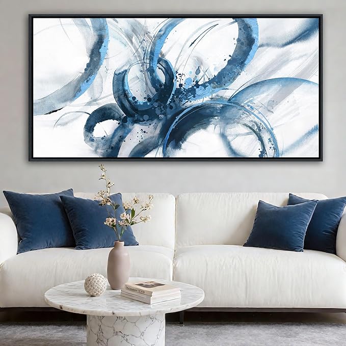 AJAZIKO Blue Wall Art Large Pictures for Living Room Abstract Wall Decor Wall Decoration Print Pictures Canvas Framed Artwork Paintings for Office Above Bed Wall Decor 24×48IN