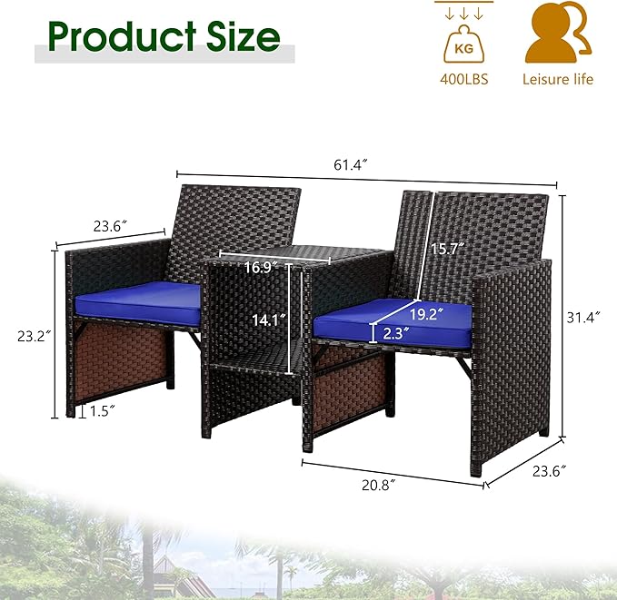 Shintenchi Wicker Patio Conversation Furniture Set with Detachable Chairs & Table and Two Removable Cushions,Rattan Wicker Lover Chair for Patio,Garden, Courtyard and Lawn Backyard (Deep Blue)