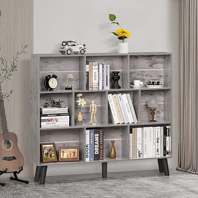 LEYAOYAO 10 Cube Bookshelf,3 Tier Modern Wide Bookcase with Legs,Mid-Century Wood Bookshelves Storage，Retro Grey Large Book Case,Freestanding Organizer Display Shelf for Bedroom,Living Room,Office