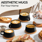 MIAMIO - Cappuccino Cup Set of 4, Ceramic (11oz), Wide - Luxe (Black) | Ceramic cappuccino cups and saucers, wide latte cups and mugs for Americano, 4-piece set of ceramic cups, dishwasher safe