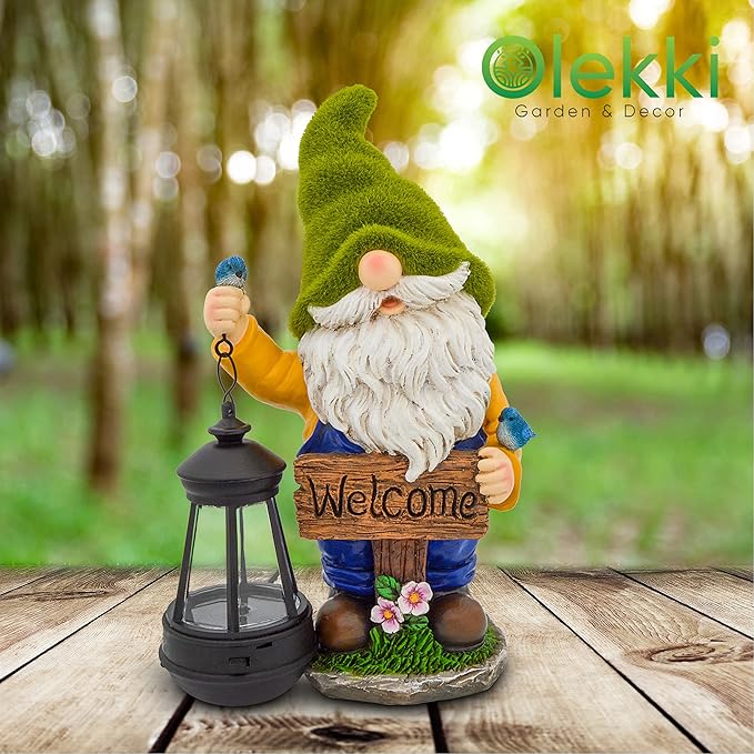 Christmas Garden Gnomes Outdoor - Flocked Gnome Statue Holding Lantern with Solar LED Lights | Gnomes Garden Decorations for Patio, Yard, Lawn Ornaments - Gnome Gifts