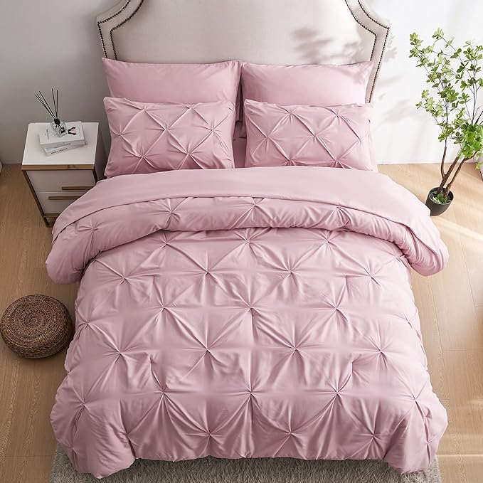 Ubauba 7pc Pink Queen Comforter Set, Pintuck Bed in a Bag Blush Bed Set with Comforters and Sheets 7 Piece, All Season Pinched Bedding Sets for Women (Pink,Queen Size)