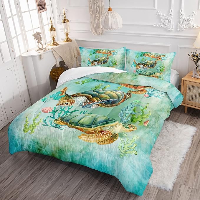 Datura home Sea Turtle Comforter Bedding Set for Kids Teens Adults,Watercolor Sea Turtle Light-Green and Blue Coral Seaweed Ocean Themed Comforter with 2 Pillowcases(Turtle Full),Green Turtle