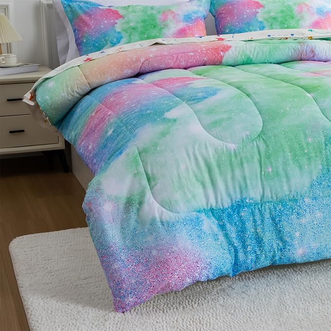 A Nice Night Galaxy Bedding Sets Outer Space Comforter 3D Printed Space Quilt Set Twin Size Glitter Pink Green Color,for Children Boy Girl Teen Kids