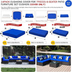 ClawsCover 14Pack Outdoor Patio Seat and Back Cushions Replacement Covers Fit for 7Pieces 6-Seater Wicker Rattan Sectional Couch Chair Furniture Set,Royal Blue-Include Cover Only (Large)