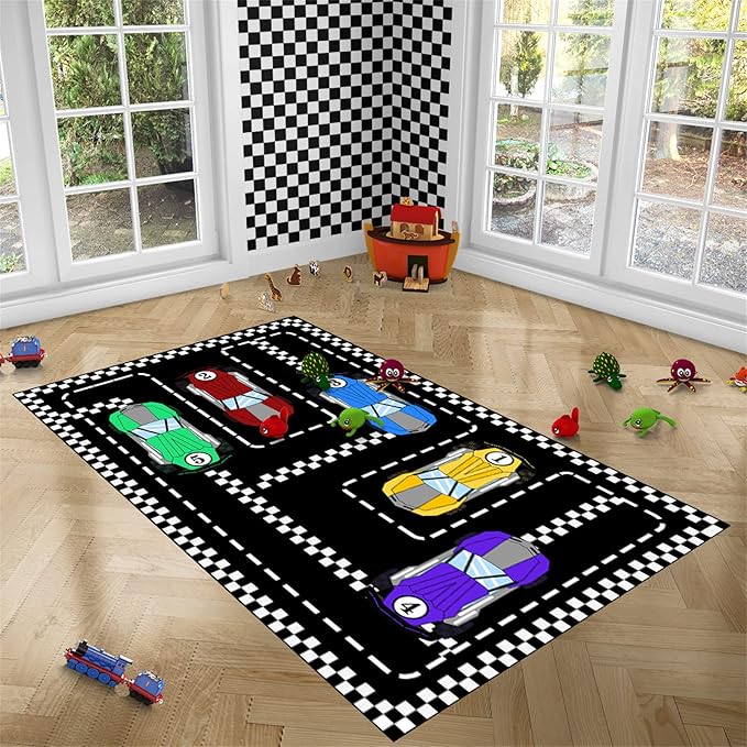 Car Rug Race Car Rug Car Track Rugs for Boys Race Track Carpet Race Car Track Rug Car Rug for Boys Room Car Rug Play Mat Car Carpet for Kids Rugs for Boys Bedroom,Black 4'×5'