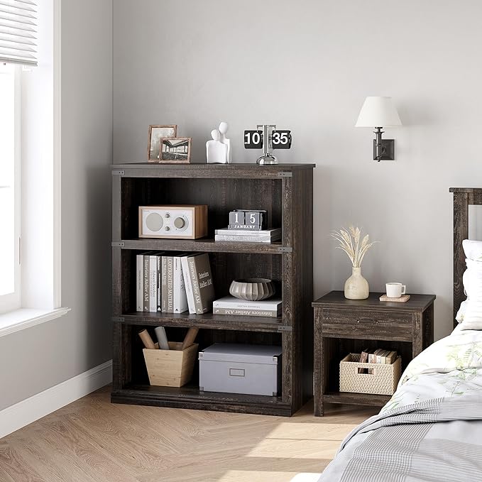 GAOMON 3 Tier Bookcase, Farmhouse Book Shelf with Storage, 40 Inch Tall Open Display Bookshelves, Wooden 3 Shelf Bookcase for Living Room, Bedroom-Oak