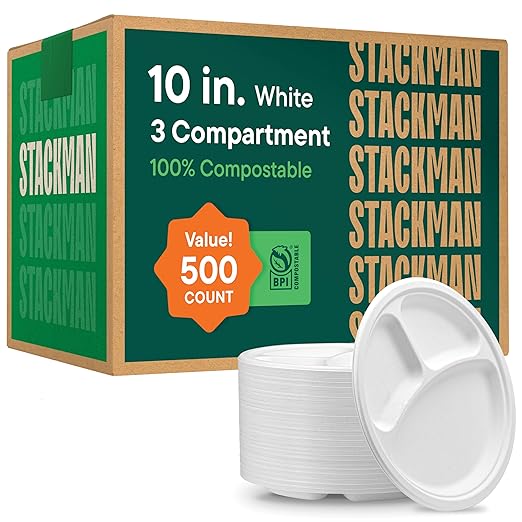 100% Compostable Paper Plates 10 Inch Bulk [500 Count] Heavy-Duty Dinner Plates with Compartments - Natural White Color Bagasse - Eco-Friendly Disposable Biodegradable Sugarcane - [Case 4/125 Pack]