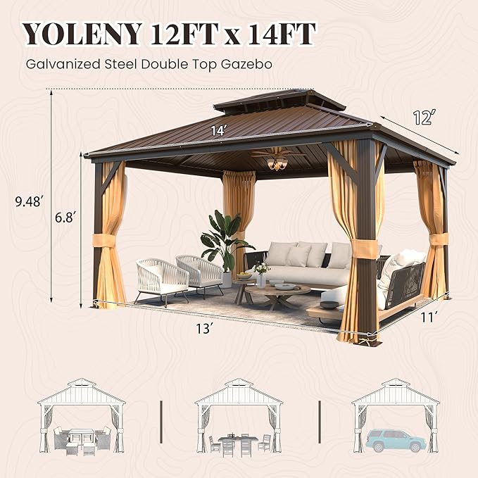 YOLENY 12' x 14' Gazebo, Hardtop Gazebo with Aluminum Frame, Double Galvanized Steel Roof, Curtains and Netting Included, Metal Gazebos Pergolas for Patios, Garden, Parties, Lawns