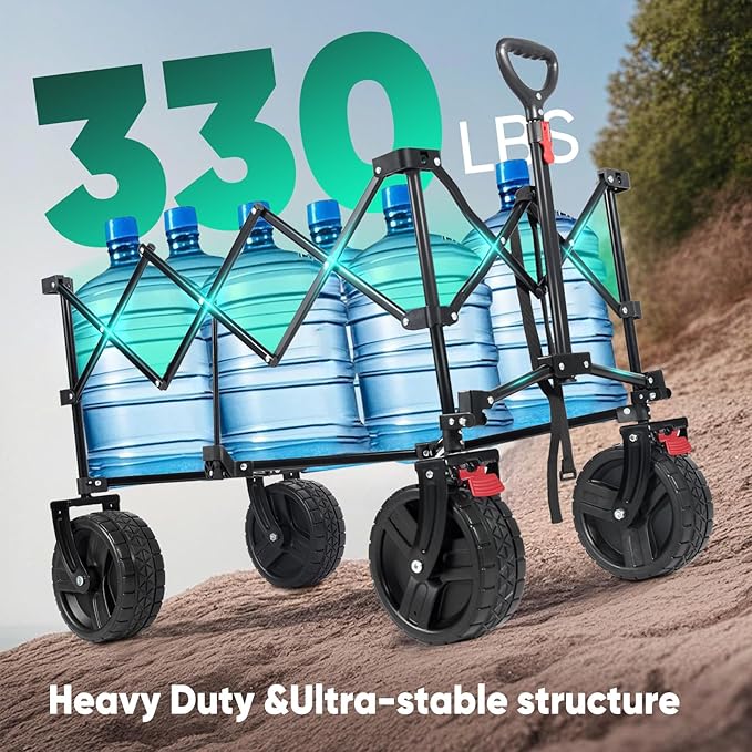 Collapsible Wagon Cart with Big All-Terrain Beach Wheels, Foldable Heavy Duty Wagons with Cup Holders, Utility Carts for Camping, Garden, Outdoor, Grocery, Sports. Khaki