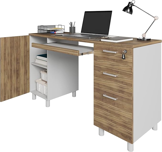Modern Design By Crafts & comfort Venice Computer Desk - Office Desk with 3 Drawers & CPU Storage Cabinet - Laptop Workstation with Keyboard Tray & Cable Hole - Home & Office Supplies -Cass/White