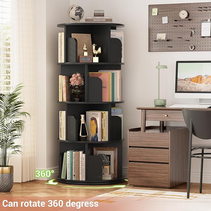 Rotating Bookshelf, Wood Corner Bookshelf, 360 Display Spinning Bookcase Storage Rack, 4 Tier Floor Standing Revolving Bookcase Narrow Book Shelf Organizer for Small Space, Bedroom, Black