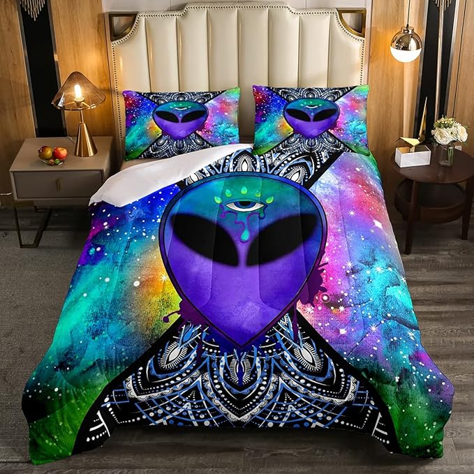 Trippy Alien Comforter Set Full Galaxy Hippie Bedding Set for Kids Boys Teens Trippy Room Decor, Outer Space Solar System Duvet Sets Boho Psychedelic Tie Dye Down Comforter with 2 Pillow Cases