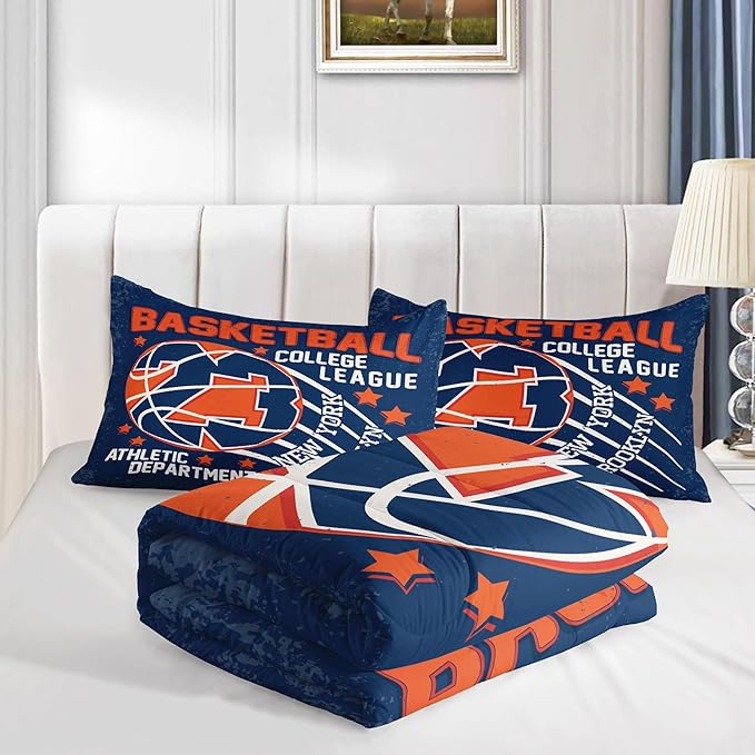 Datura home Basketball Comforter Sets for Boys Kids,Orange Blue Theme Basketball Championship American Style,Duvet 3Pcs in Quilt Sets with 1 Comforter and 2 Pillowcases(Orange Queen)