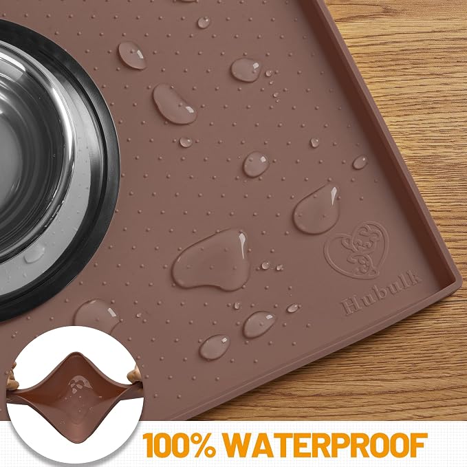 Hubulk Dog Feeding Mat,100% Waterproof Food Grade Silicone Pet Food and Water Bowl Placemat,Dishwasher, High Raised Edge to Prevent Spills,Nonslip Tray to Stop Messes on Floor（28"x18"x0.8", Brown）