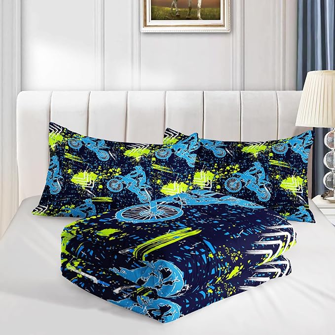 Axolotl Boys Dirt Bike Bedding Set Twin,Dirt Bike Comforter Set,Extreme Sports Tie Dye Bedding Set Motor Biker,Motocross Rider Comforter Set for Boys Kids Teens Men,1 Quilt 2 Pillowcases,Blue Green