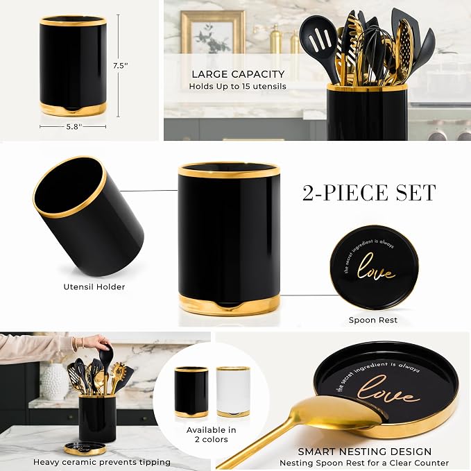 Styled Settings Black and Gold Cooking Utensils Set, 13-Piece | Kitchen Set with Black Ceramic Utensil Holder and Stackable Gold Spoon Rest - Luxury Kitchen Accessories for Stylish Cooking