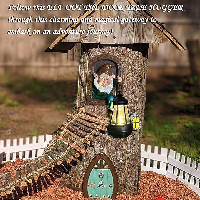 Fairy Garden Statues Gnomes Solar Lantern - Halloween Elf Out The Door Tree Hugger Figurines Fence Wall Yard Art Home Decor Outdoor Tree Face Sculpture, Ideal Thanksgiving Decorations