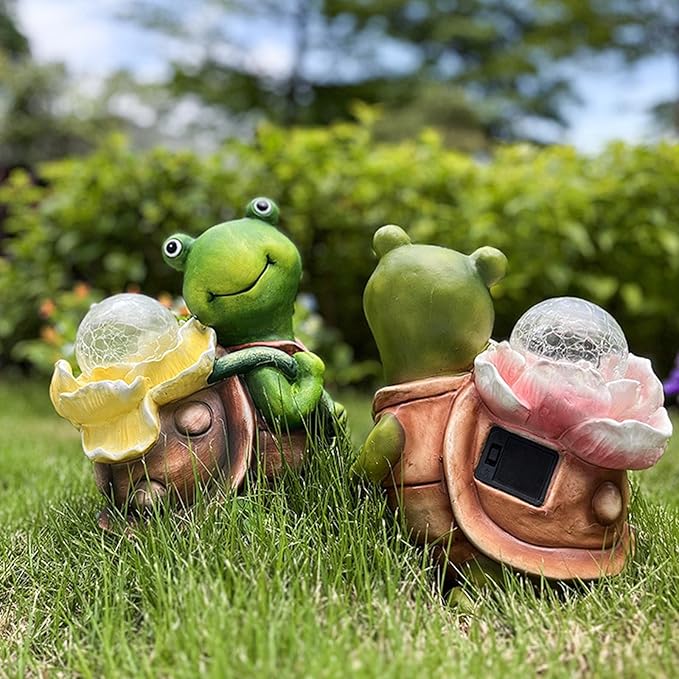 Solar Garden Turtle Statue with LED Light Decorative Cute Turtle Carrying Lantern Design Outdoor Lawn Ornament(Yellow Flower)